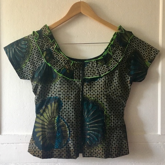 African Wax Print Ruffle Neck Short Sleeve Structured Handmade Blouse - Picture 6 of 9